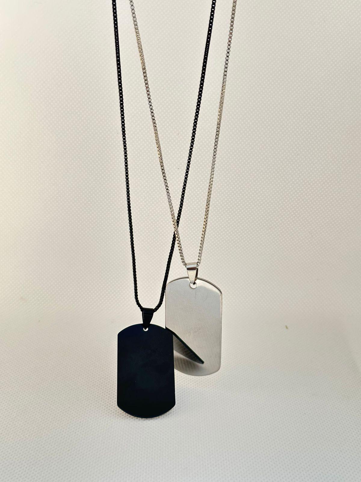 Black-silver dog tag pendant . white background , Front view